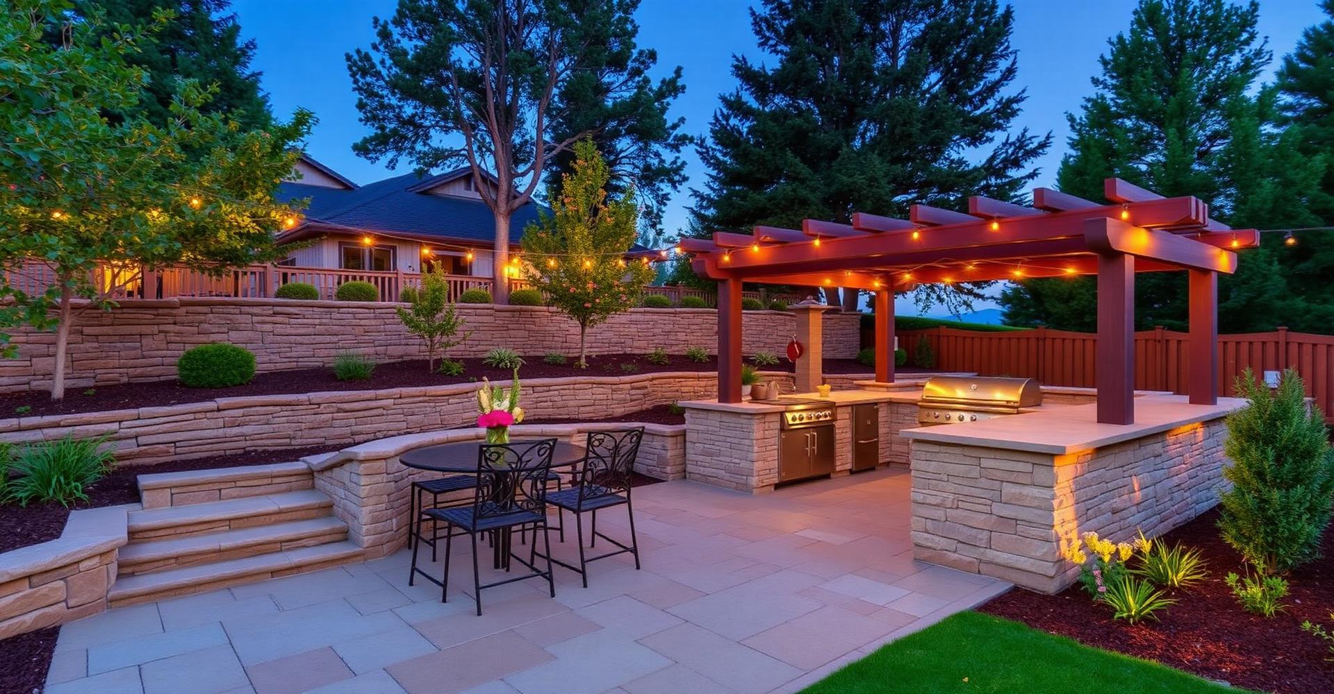 Outdoor kitchen with pergola and stacked stone retaining wall