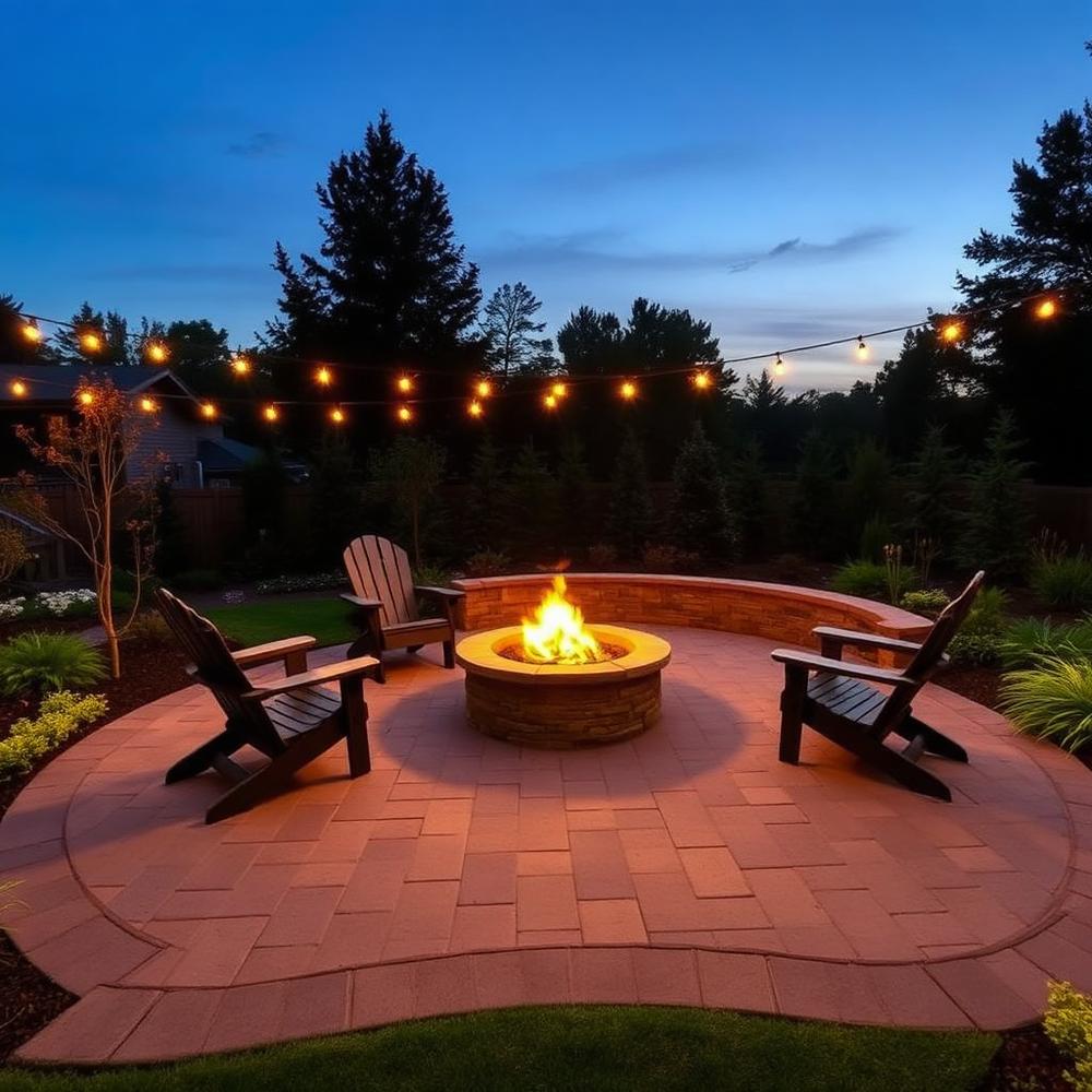 Fire pit patio with string lights