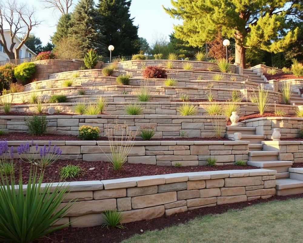 Tiered stacked stone retaining wall