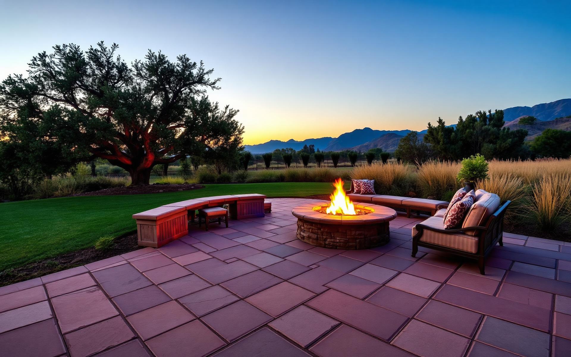 Custom paver patio with fire pit and lush landscaping in Northern California